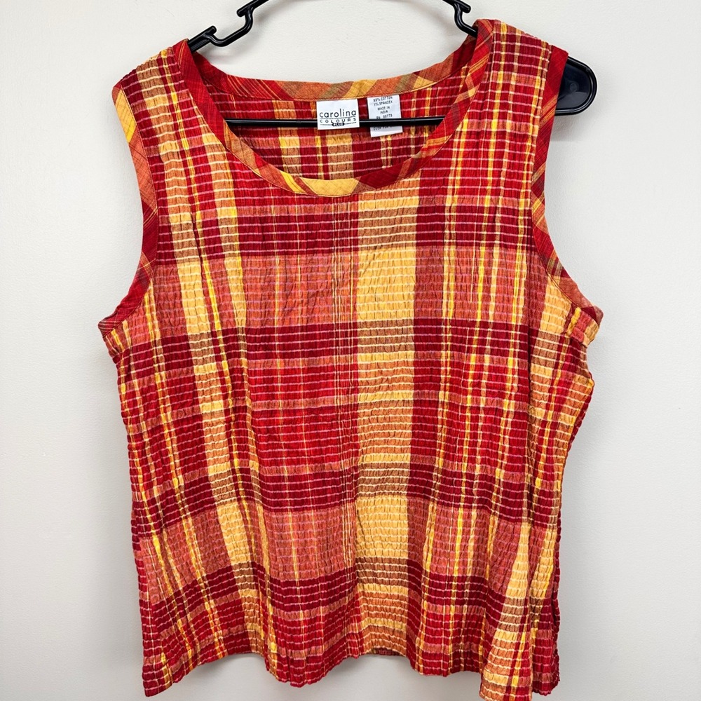 Carolina Colours‎ Plus Womens Red Orange Plaid Textured Sleeveless Top Size 18